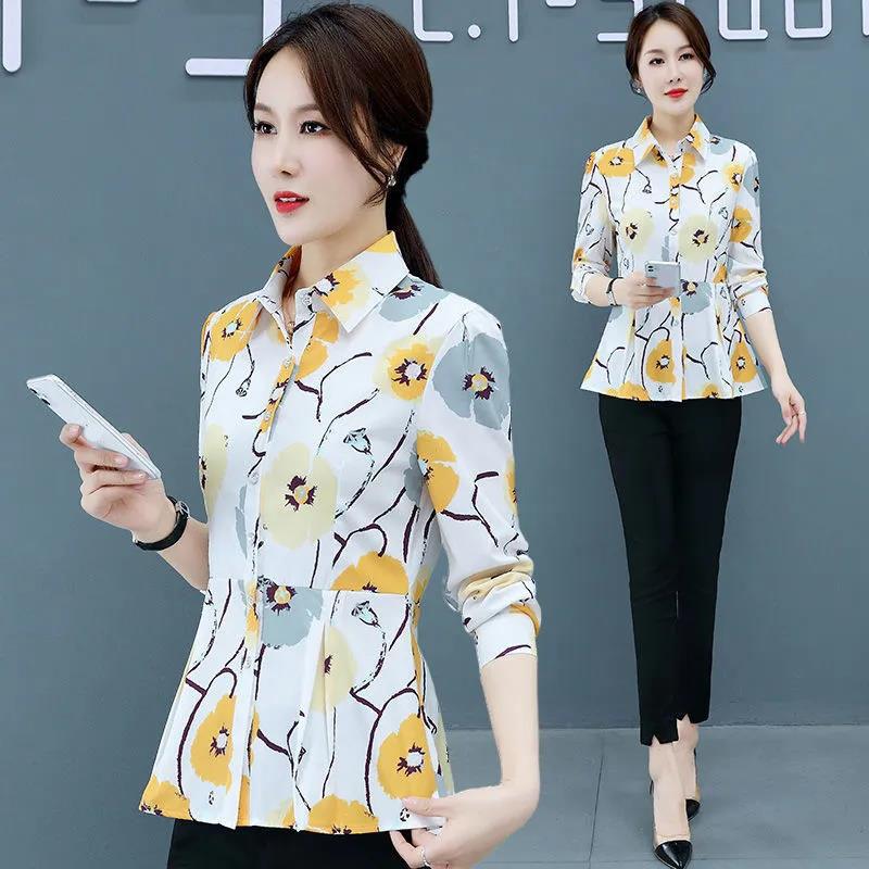 Summer Button Shirt Pleated Edge Chiffon Shirt Casual Printing T-shirt Thin Shirt for Middle-aged and Elderly Women