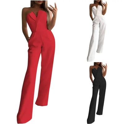 Sommer-Strampler für Damen, sexy, trägerlos, einfarbig, hohe Taille, ärmellos, gerader Overall mit weitem Bein und Taschen