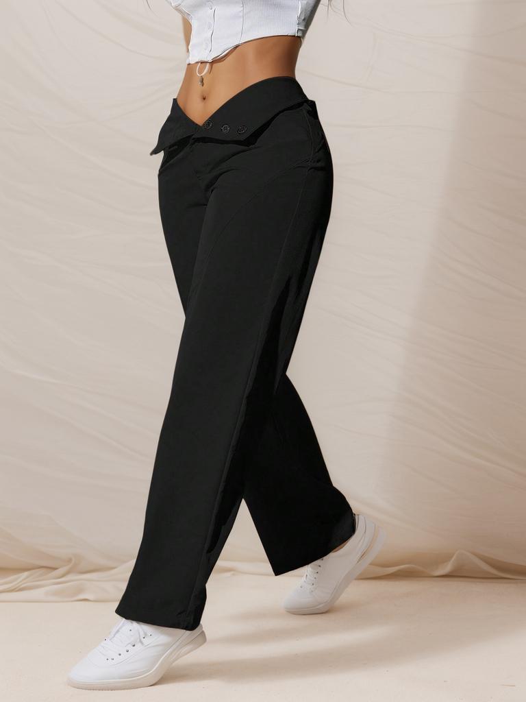 Rose Beauty A Women's Casual, Fashionable, Simple Solid-Colored Straight-Leg Pants Stretch wide legs Multiple buttons a row Trousers