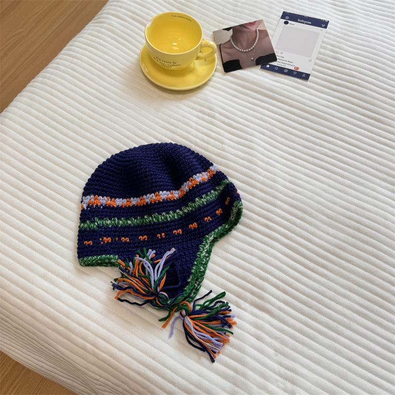 Hand-spliced color ear protection wool hat female cute rainbow knitted warm strap parent-child Lei Feng hat