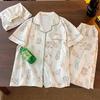 Pastoral Women's Pajama Set: Soft, Cute Rabbit Design, Short-Sleeve, Casual Three-Piece Loungewear.