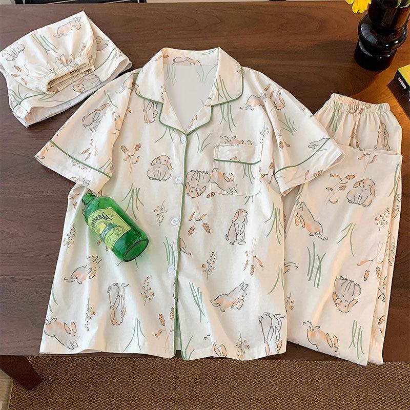 Pastoral Women's Pajama Set: Soft, Cute Rabbit Design, Short-Sleeve, Casual Three-Piece Loungewear.