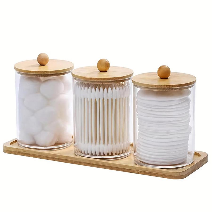 

Clear Acrylic Bathroom Canister with Tray Plastic Apothecary Jars Storage box Bathroom Organizers for Qtip, Cotton Balls, Floss