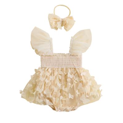 Infant Girl Romper Dress Butterfly Decor Fly Sleeve Ruched Mesh Skirt Hem Jumpsuits Newborn Clothes Baby Bodysuits with Headband