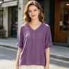 Women Tops V-Neck Embroidery Flower Pattern Short Sleeve Pullover Tops Loose Fit Pure Color Summer T-shirt