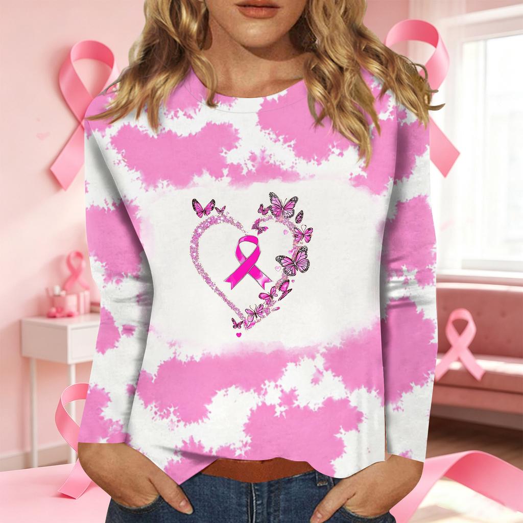 Women's Casual Long Sleeve T-Shirt with Ribbon Print Round Neck Top for Everyday Wear
