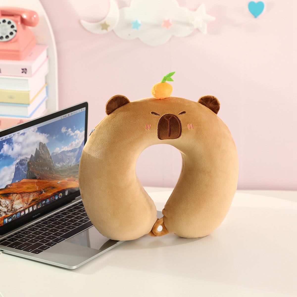 Cute Capybara U-Shaped Neck Pillow Suitable For Travel; Provides Dual Support For The Head, Neck, Chin In Any Sleeping Position