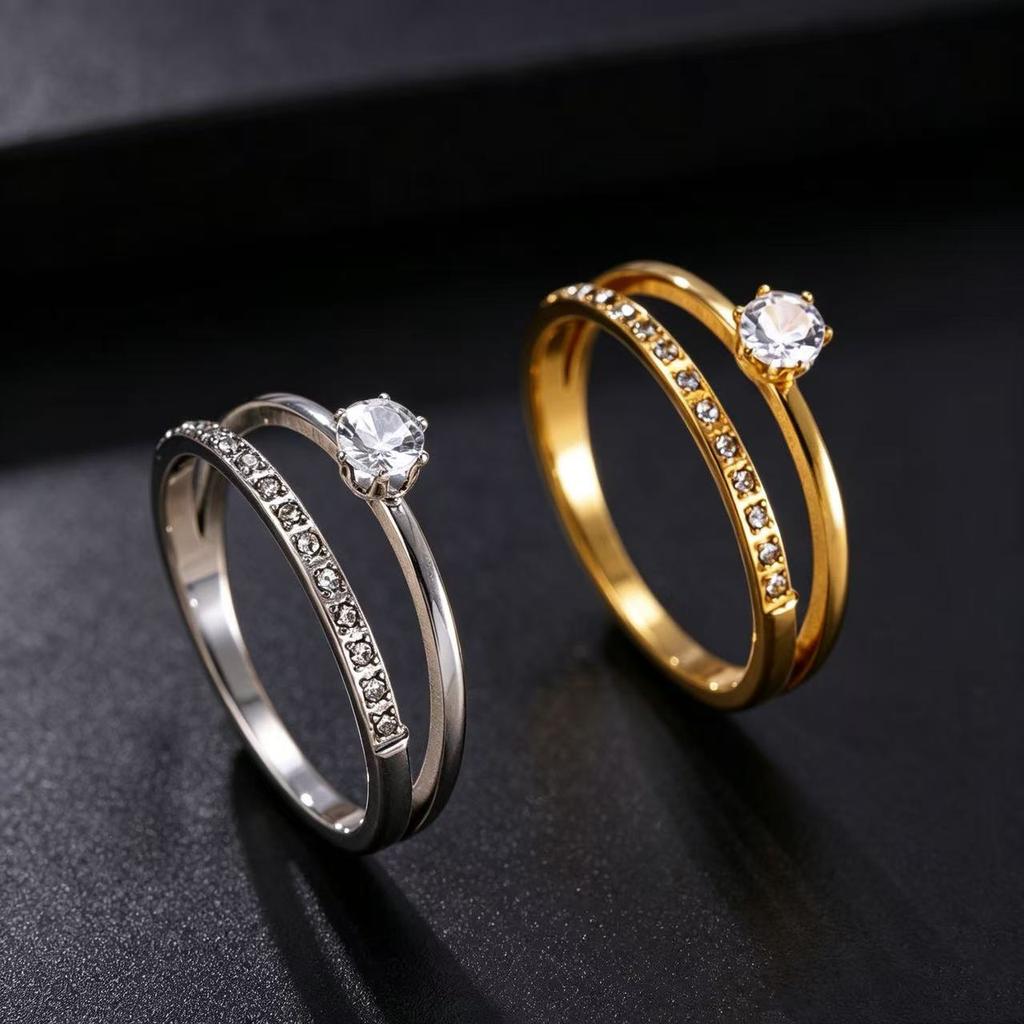 Double Layer Zircon Rings For Women 316L Stainless Steel Waterproof Stackable Ring Dainty Engagement Wedding Jewelry Finger Gift