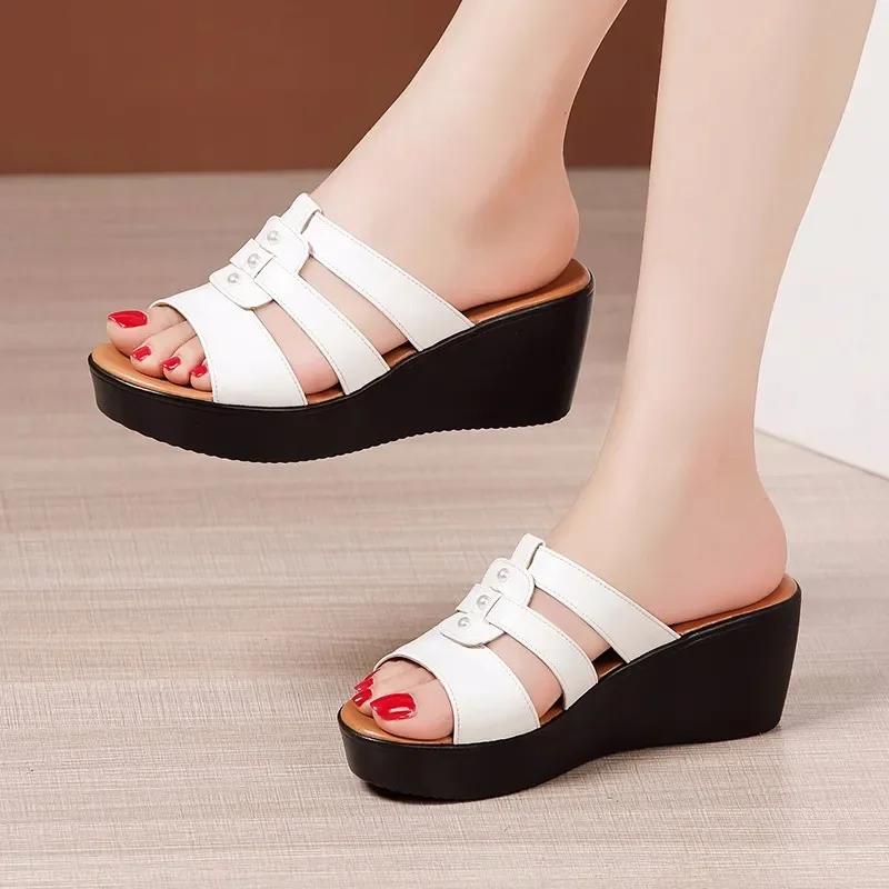 6cm Small Big Size 32-43 All Match Comfortable Thick Platform Wedges Slippers 2025 Med Heels Slides Leather Shoes Office Beach