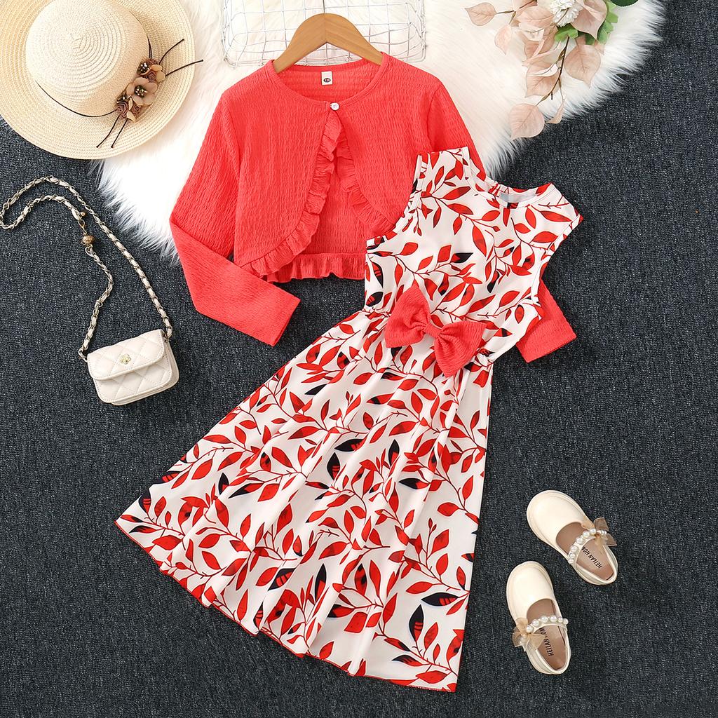 Girls Long-Sleeved Jacket with Printed Bow Dress Two-Piece Sets Kids Colthes