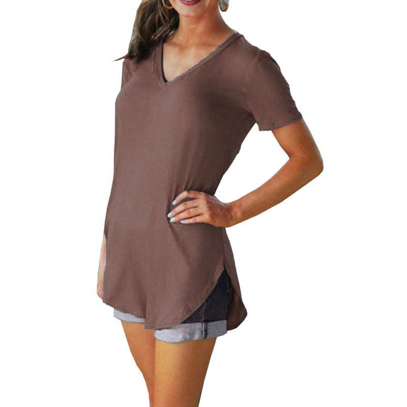Damen Ärmel Kurz V-Ausschnitt Saum Locker Lässig T-Shirt Sommer Tunika Bluse Top