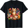 Orange Tabby Cat Surrounded by Beautiful Flowers Daisy Tulip T-Shirt