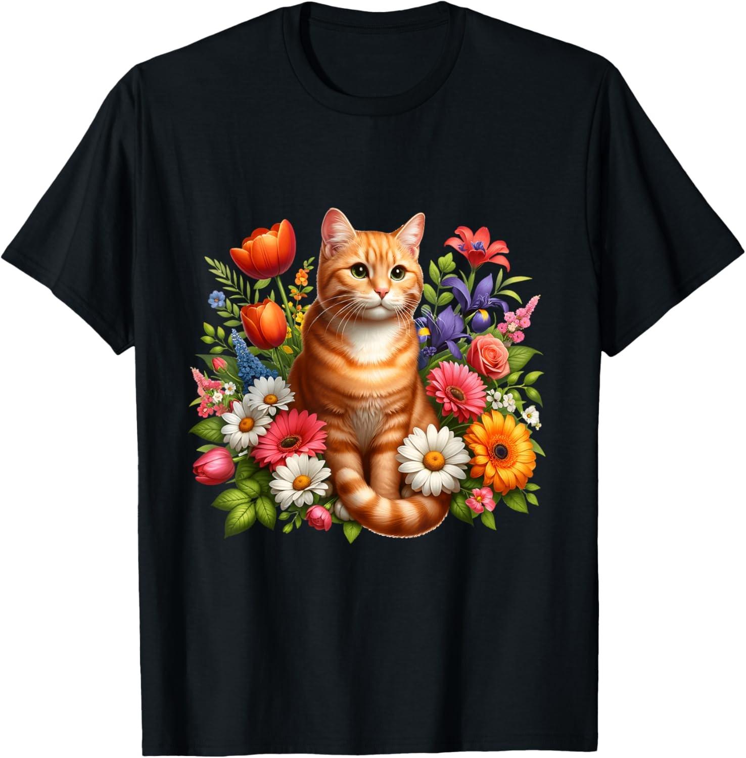 Orange Tabby Cat Surrounded by Beautiful Flowers Daisy Tulip T-Shirt S разноцветный
