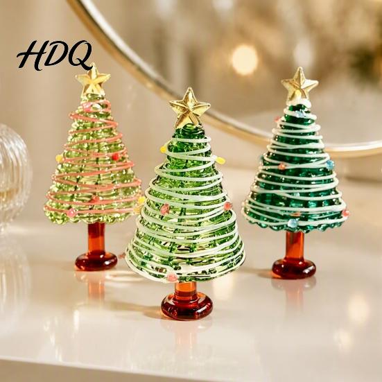 Small Christmas Ornament for Desk Glazed Tree Figurine Colorful Miniature Xmas Decor Handcrafted Glass Craft Display Table Centerpiece Home