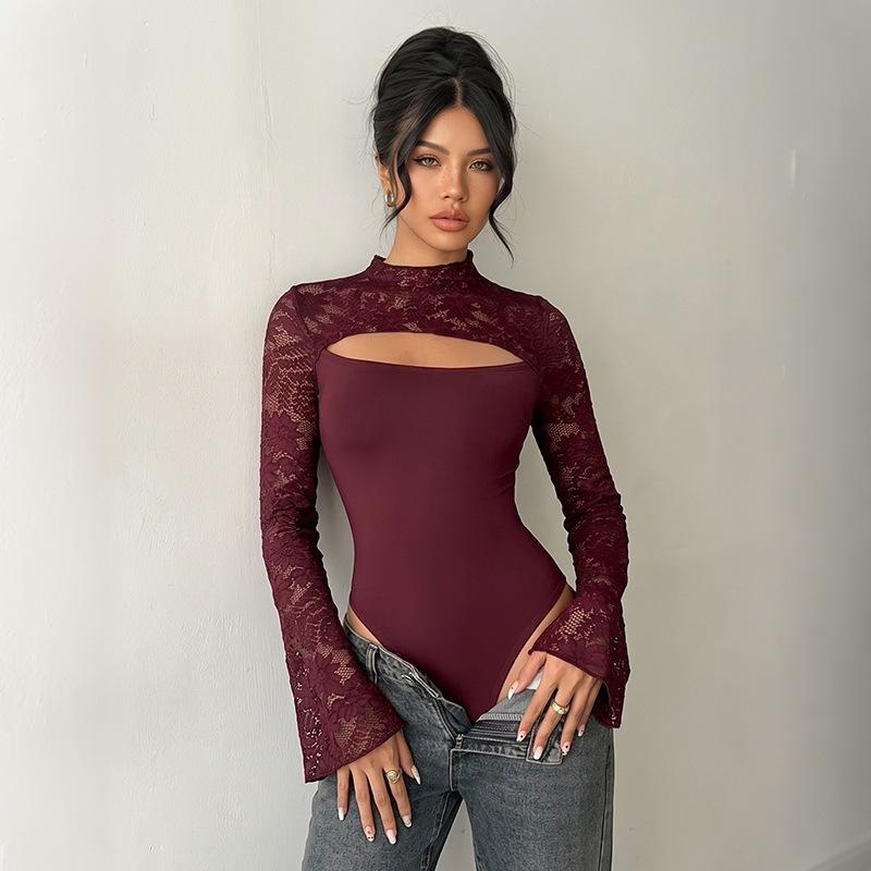 Sexy Tops for Women Hollow Long Sleeve Lace Bodysuit Top Bodycon Party Club Outfits
