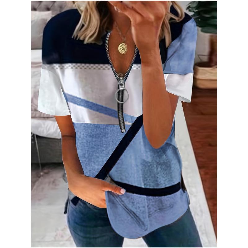 2026 Summer New Women s Zipper Printed Loose Short sleeved T-shirt Top S