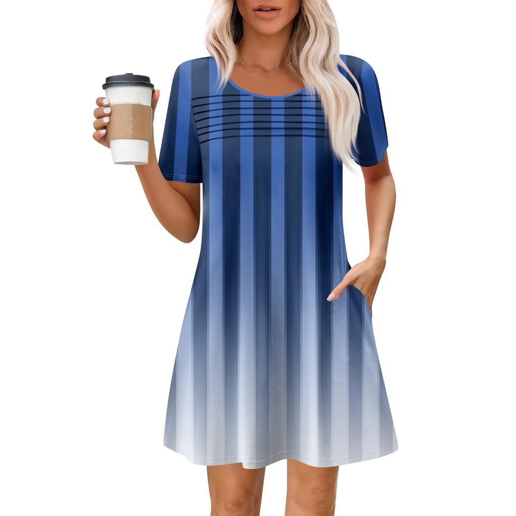Damen Sommer Casual Rundhals Plissee Mit Taschen Bedruckte Kurzarmkleider