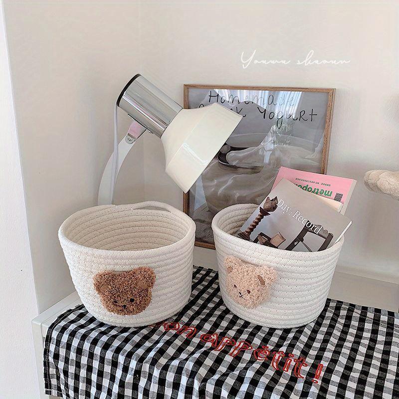 1 PC Cute Woven Rope Storage Basket with Plush Bear Design - Multi Purpose Desktop Storage Box, Modern Style, Rack Basket