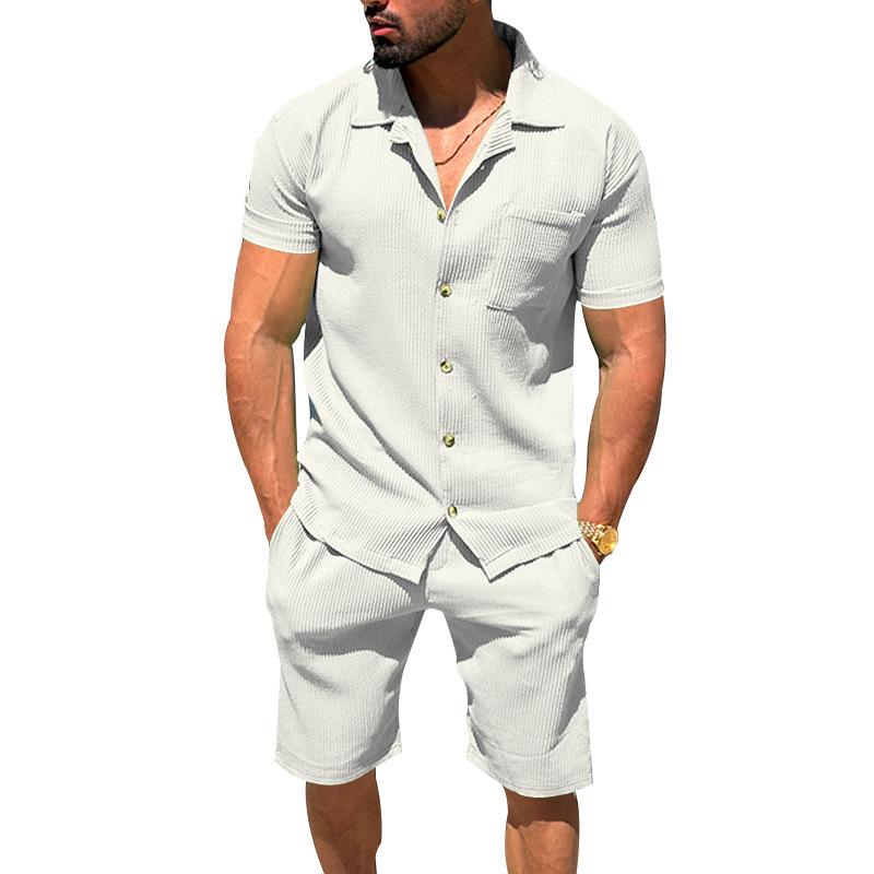 Herrkläder 2-delat set: Cardigan med slag och shorts - Enfärgad randig sommaroutfit