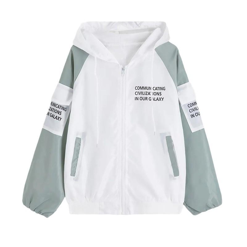 Women's Letter Printed Color Blocking Loose Hooded Long Sleeve Jacket