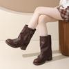 French retro western cowboy boots women's 2025 spring and autumn new high-heeled stacking boots slim pleated medium tube Martin boots
