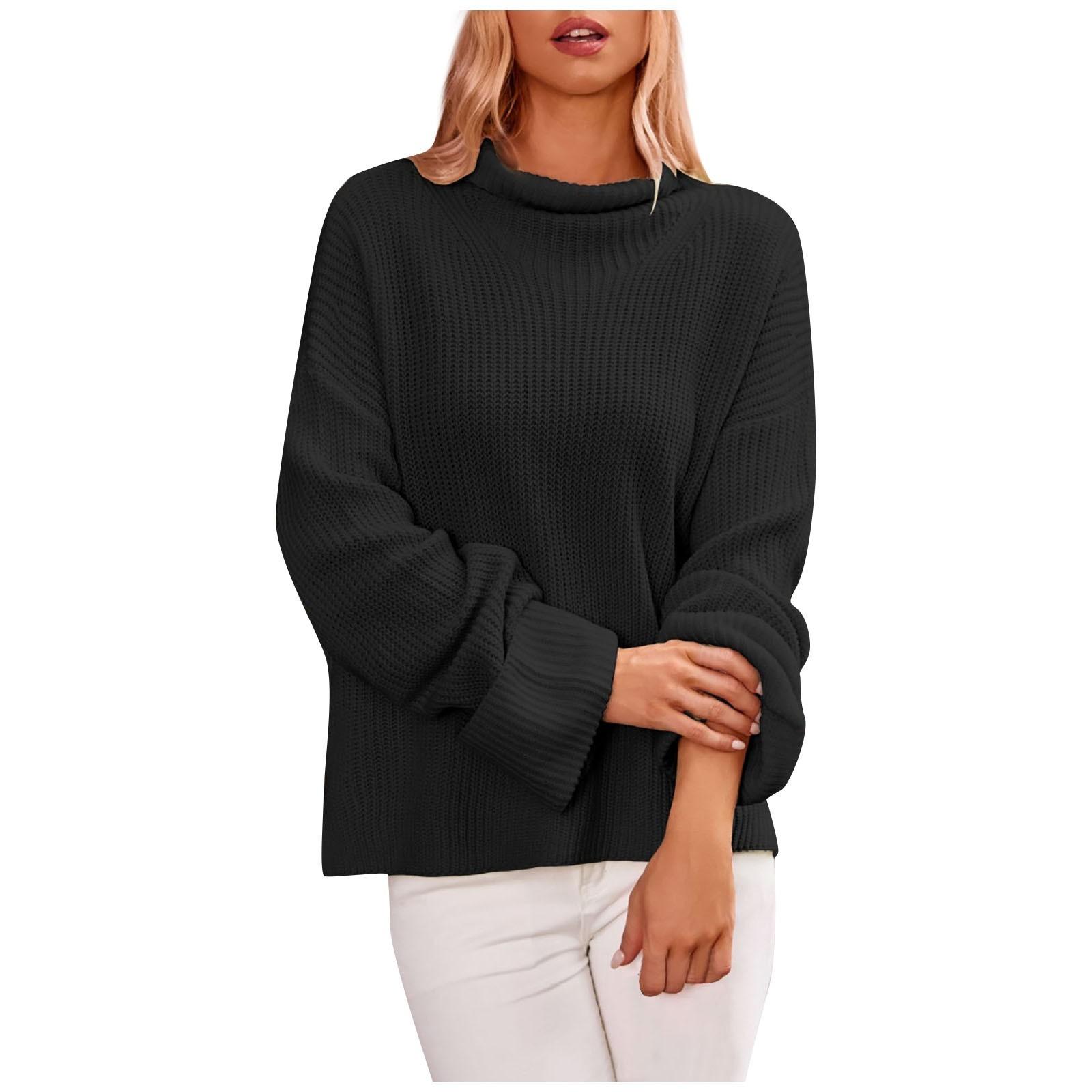 Женский однотонный пуловер с круглым вырезом и длинными рукавами свитер с расклешенными рукавами L чёрный 2759₽