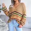 Loose Rainbow Striped Women Sweater V Neck Long Sleeve Fall Winter S-L