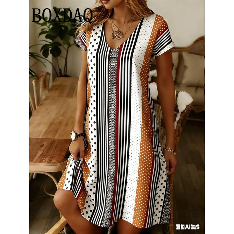 Women's Fashion Short Sleeve Dress Summer Women's Dresses Loose Plus Size Casual V-Neck Striped Polka Dot Print Ladies Clothing