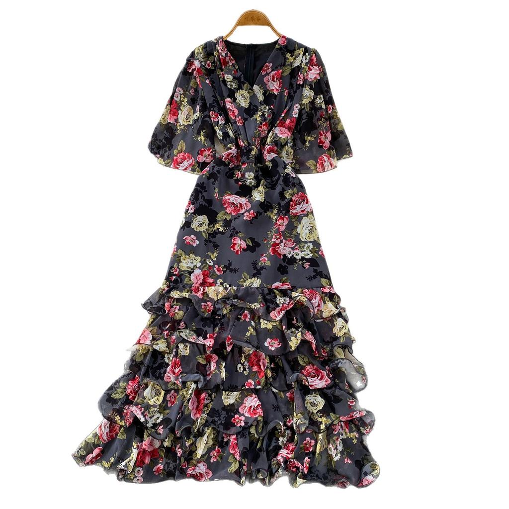 French romantic style print V-neck horn sleeve dress women's summer thin temperament cake dress beautiful fairy dress