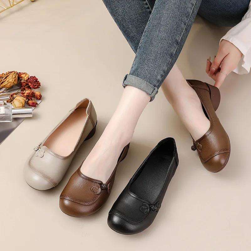 Comfort Soft Cowhide Women's Shoes Retro Ethnic Style Shoes Genuine Leather Single Shoes Square Heeled Autumn Loafers Female