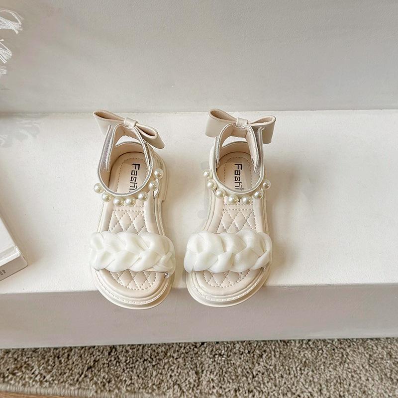 Girls' 2026 Summer Princess Sandals with Pearls & Bows – Stylish Roman Beach Shoes for Older Children