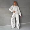 Womens Casual Two-Piece Set: Zip-Up Hoodie Top Drawstring Wide-Leg Pants Cotton Blend All-Season Streetwear