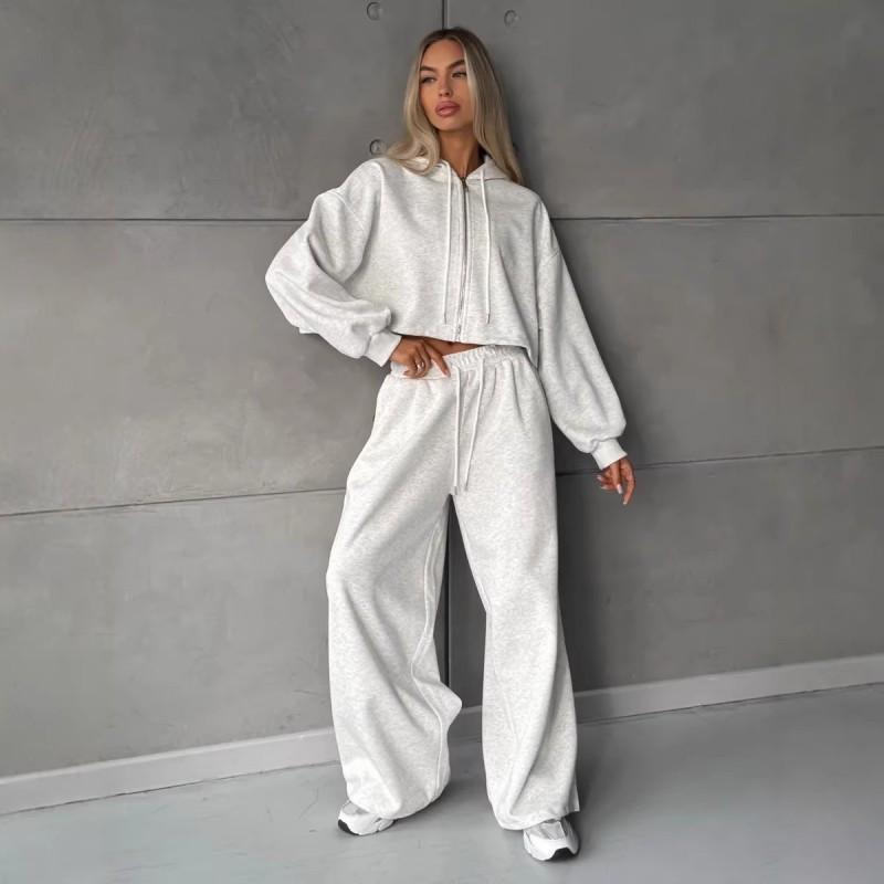 Womens Casual Two-Piece Set: Zip-Up Hoodie Top Drawstring Wide-Leg Pants Cotton Blend All-Season Streetwear