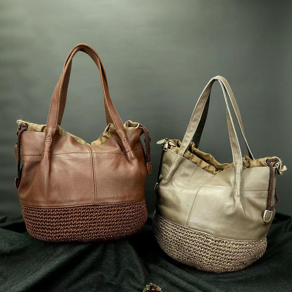Genuine Leather Handmade Oil Wax Rope Woven Women's Handbag Large-capacity First Layer Cowhide One-shoulder Retro Tote Bag