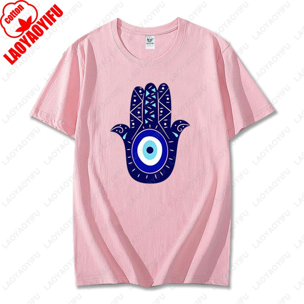 Men Women Hamsa Hand TShirt with Blue Eye of Protection Design Tee Unique Creative Graphic Print Cotton Casual Unisex Tops Gift