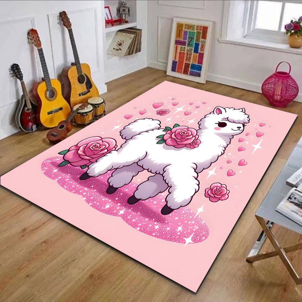 Fluffy Alpaca with Roses and Hearts Patterned carpet, non slip mat suitable for living room and bedroom sofas