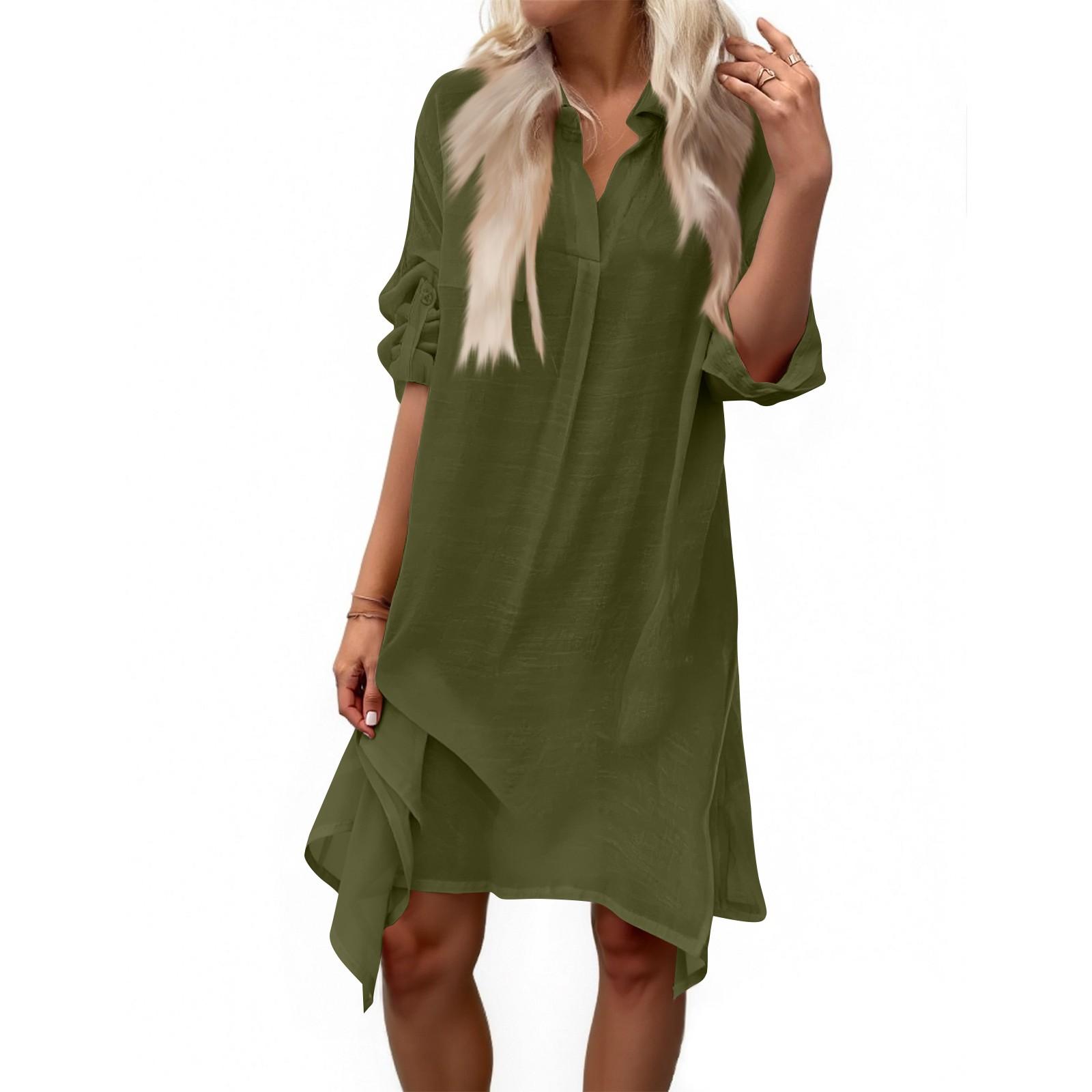 

Women s Summer Solid Color Cotton And Linen V-Neck Long Sleeve Button Midi Dress L зелений