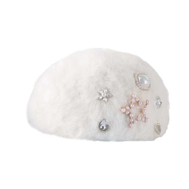 Autumn and winter sweet pearl rhinestone rabbit fur forward hat women's velvet warm face small beret painter hat