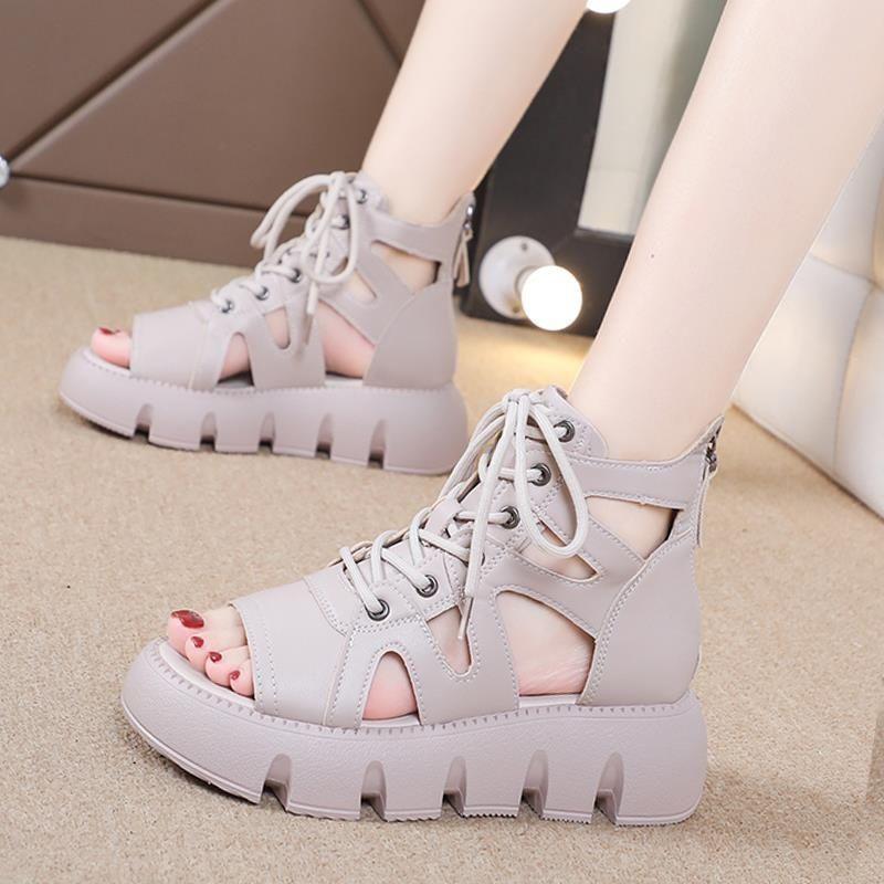 

Fashion New 2025 New Help Cool Boots Women s Breathable Summer Thick-soled Non-slip Muffin Bottom Roman Flat Sandals Women 40 бежевый
