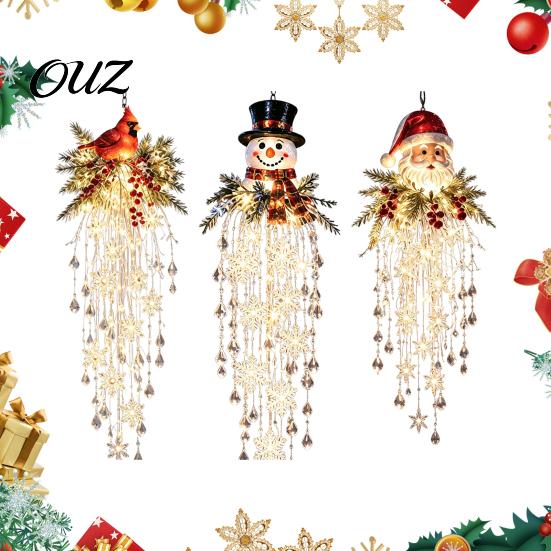 Santa Claus Snowman Decor Crystal Waterfall Christmas Lights, LED Warm White Pendant Effect Holiday Hanging Light with Snowflake Droplets, Outdoor