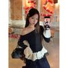 Women's Gray Slim-Fit Off-Shoulder Fur Collar Long-Sleeve Top for Autumn/Winter