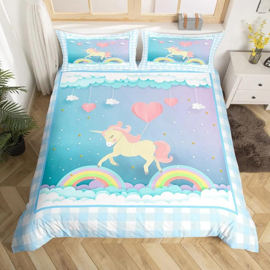 Girls Unicorn Duvet Cover Set King Size Cute Golden Glitter Unicorn Bedding Set Pink Floral Quilt Cover Fantasy Animals Bed Set