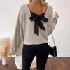 European & American Women's V-Neck Solid Sweater - Autumn Long Sleeve Casual Loose Bow Top