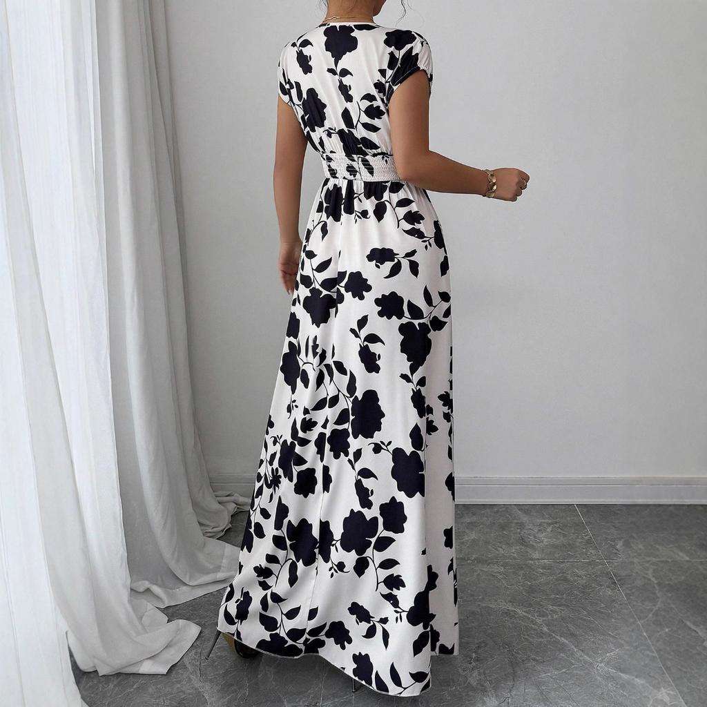 Short-sleeved dress, new printed V-neck long dress, European and American summer waist women's clothing