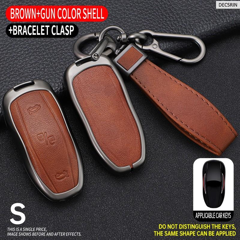 Zinc Alloy+ Leather Car Smart Key Cover Case Shell Fob for Tesla Model 3 Model Y S Key Shell Bag Holder Protector Accessorie