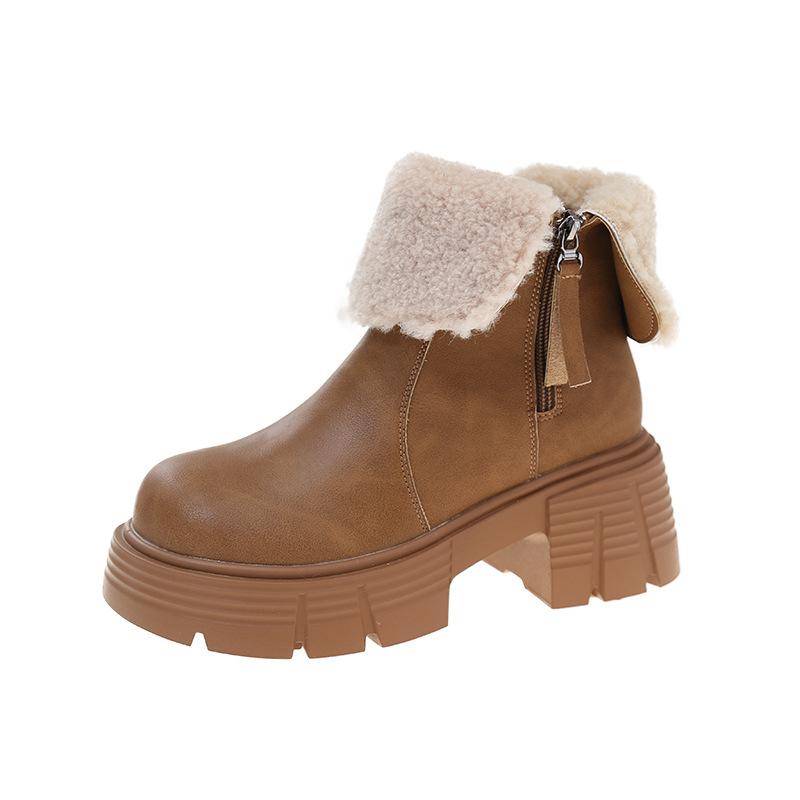 

Узкие двухсекционные зимние ботинки, сложенные зимой, теплые пушистые короткие ботинки с начесом, женские туфли 2024 года из британского хлопка на толстой подошве 35 хаки