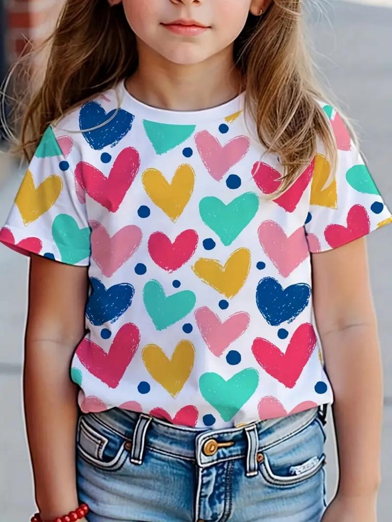 T-shirt Fille Mignon Motif Nœud d'Amour Manches Courtes pour Enfants T-shirts Graphiques Vêtements Y2k Mode Filles Pull Hauts d'Été