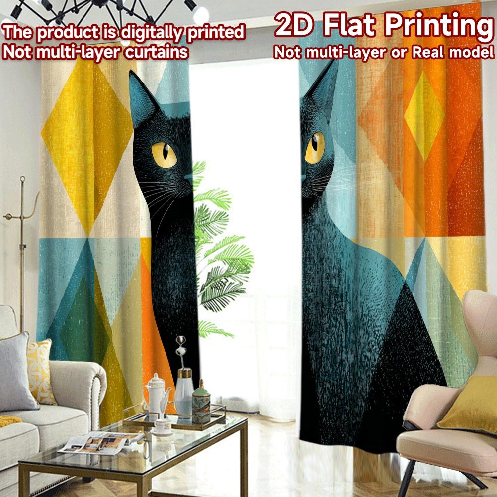 2D Flat Printing  2pcs Black Cat with Colorful Diamonds Chic Contemporary Curtains Durable Polyester Curtains Decorations For