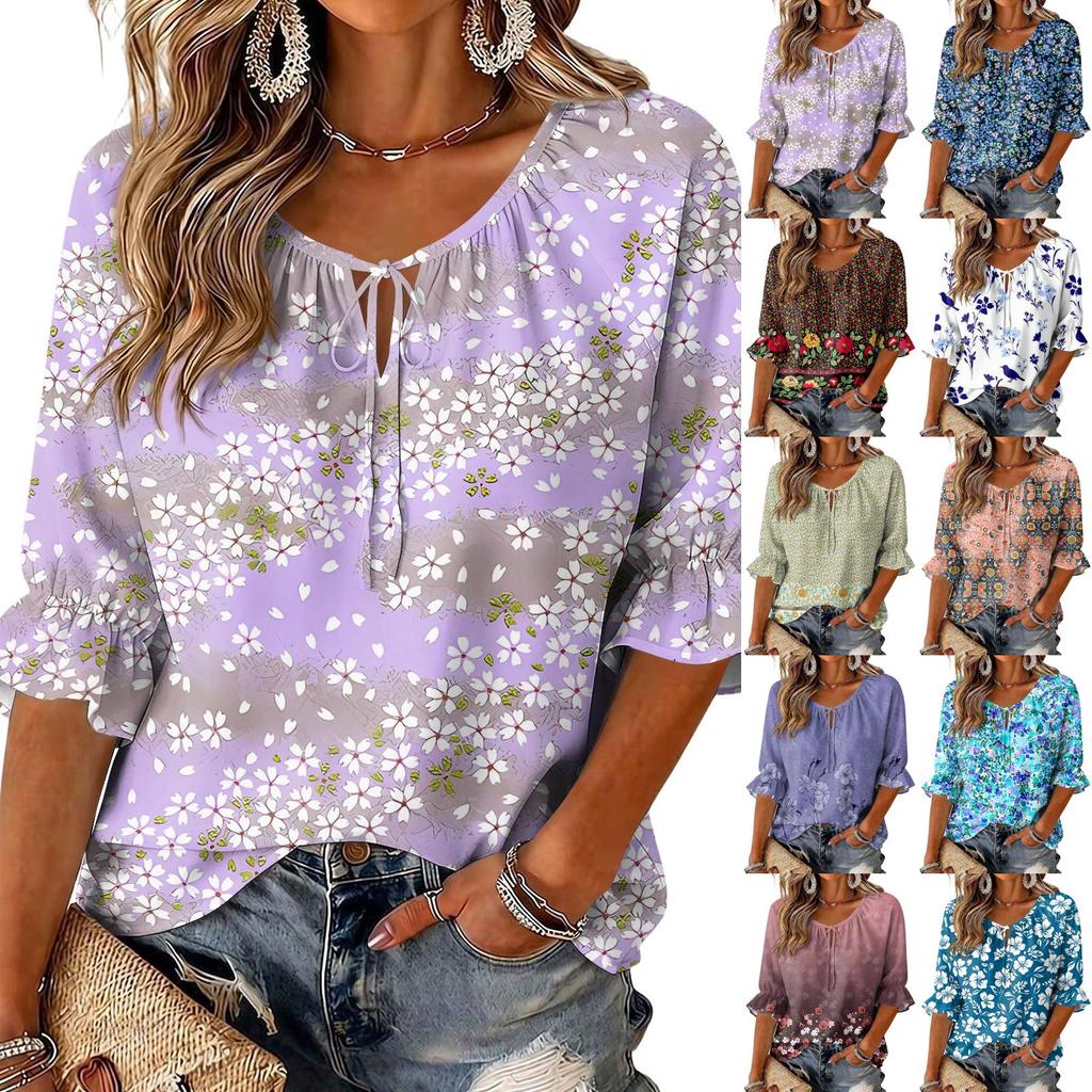Damen Vintage Bluse mit Blumenprint, Rüschen und Dreiviertelärm, Rundhalsausschnitt und Bindevorderseite
