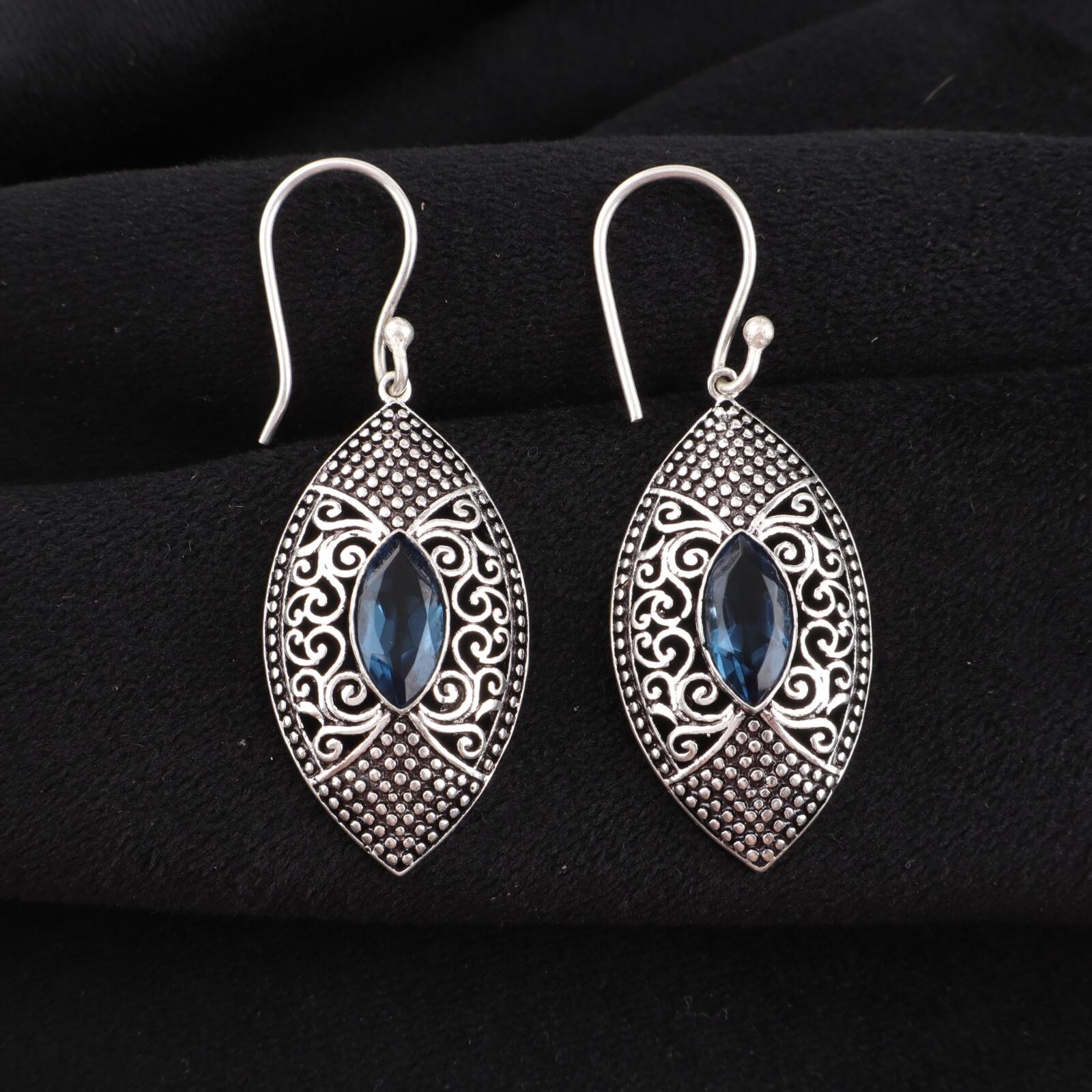 

London Blue Topaz Gemstone 925 Sterling Silver Jewelry Dangle Earrings 2.15 CE-20-9
